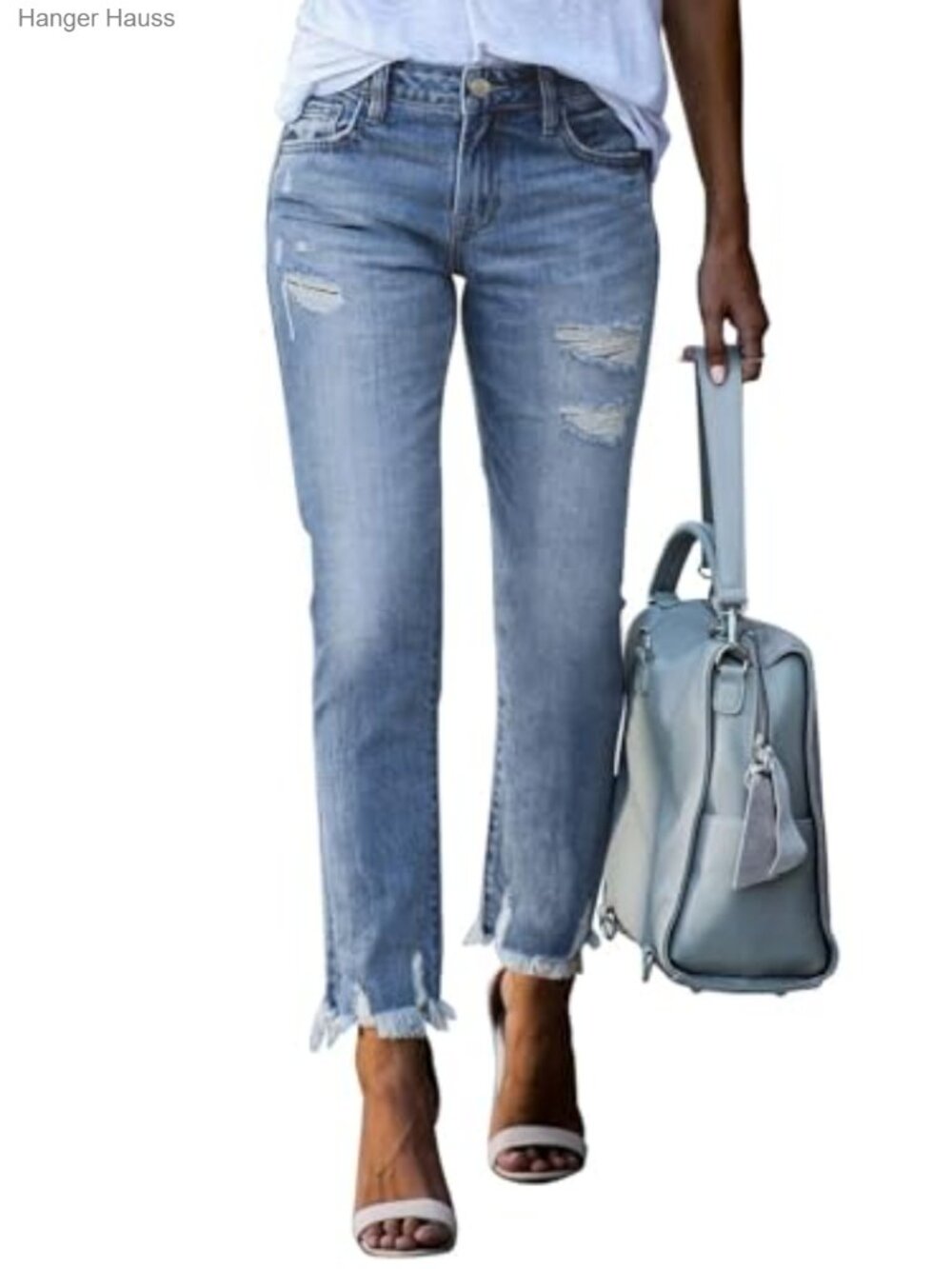 High Waisted Tummy Control Straight Ankle Ripped Jeans